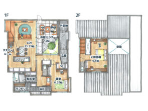 38坪/二階建て/中庭 間取り図