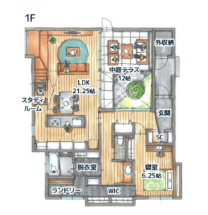 38坪/二階建て/中庭 間取り図