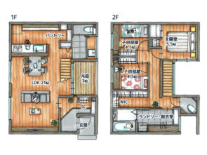 29坪/二階建て/家事楽 間取り図