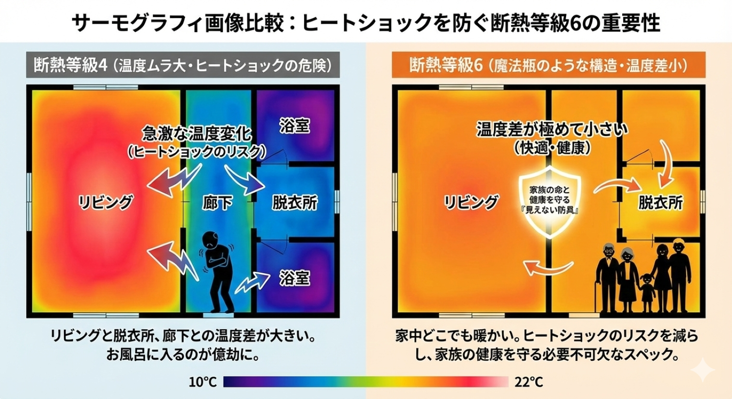 断熱等級4と断熱等級6の住宅内の温度ムラを示したサーモグラフィ画像比較。断熱等級4の家はリビングと脱衣所・浴室の温度差が大きくヒートショックの危険がある。一方、断熱等級6の家は魔法瓶のような構造で家中の温度差が極めて小さく、ヒートショックのリスクを減らし家族の健康を守る「見えない防具」であることを示している。