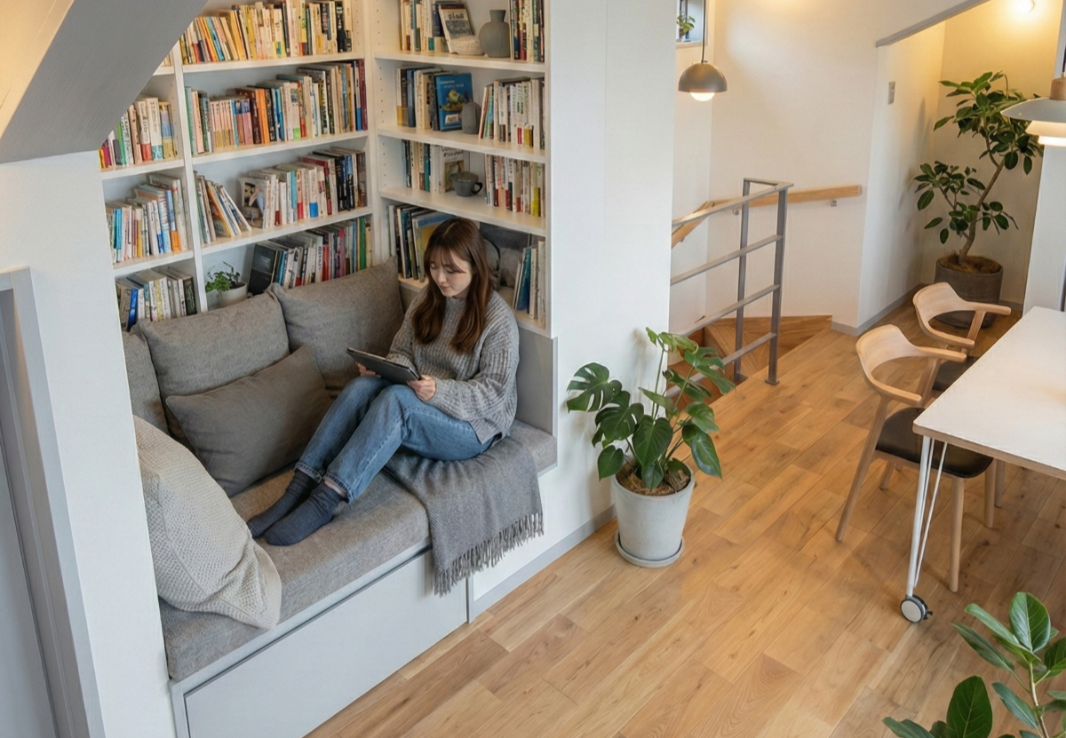 壁面の本棚とベンチが一体化した読書専用のリーディングヌック。本好きのための造作スペース。