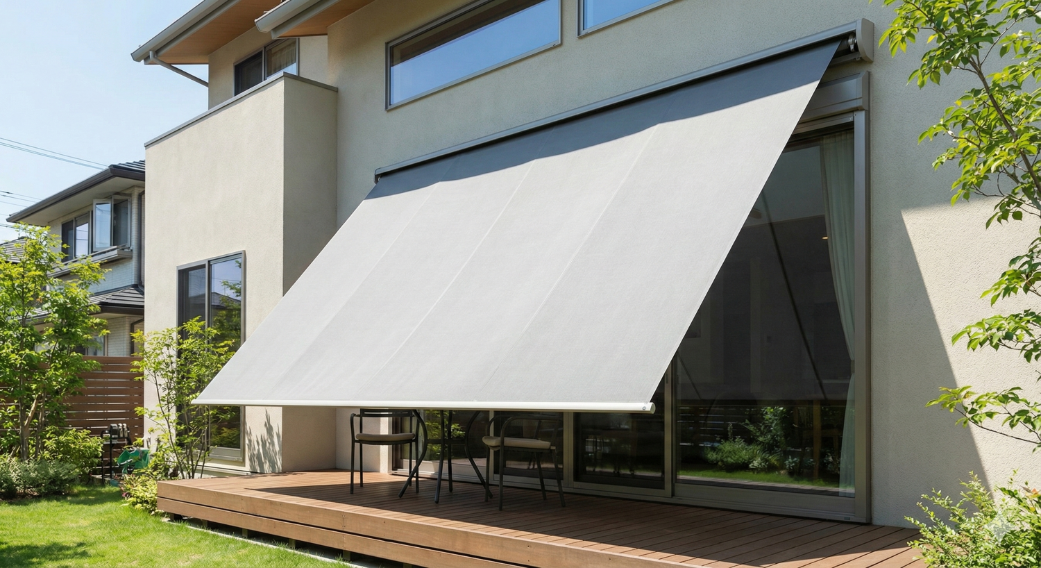 高断熱住宅の夏の日射遮蔽対策として、掃き出し窓の外側に設置されたアウターシェードの施工例写真。夏の日差しを窓の外で遮ることで、室内のオーバーヒートを防ぐ工夫。