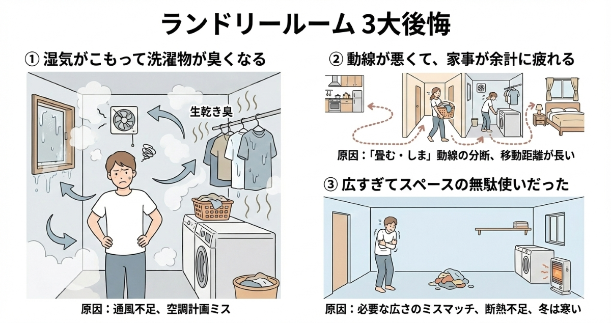 「ランドリールーム3大後悔」と題されたイラスト図解。 左側のパネルは「①湿気がこもって洗濯物が臭くなる」。湿気がこもり、窓が結露し、「生乾き臭」の文字が漂う部屋で、男性が困った顔で立っている。下部に「原因：通風不足、空調計画ミス」と記載。 右上のパネルは「②動線が悪くて、家事が余計に疲れる」。キッチンから遠いランドリールームで洗濯し、さらに遠い寝室へ洗濯物を運ぶ女性の長い移動動線が矢印で示されている。下部に「原因：「畳む・しまう」動線の分断、移動距離が長い」と記載。 右下のパネルは「③広すぎてスペースの無駄使いだった」。広くて何もない部屋で、寒さに震えている男性が描かれている。ポツンと置かれた洗濯機とストーブがある。下部に「原因：必要な広さのミスマッチ、断熱不足、冬は寒い」と記載されている。