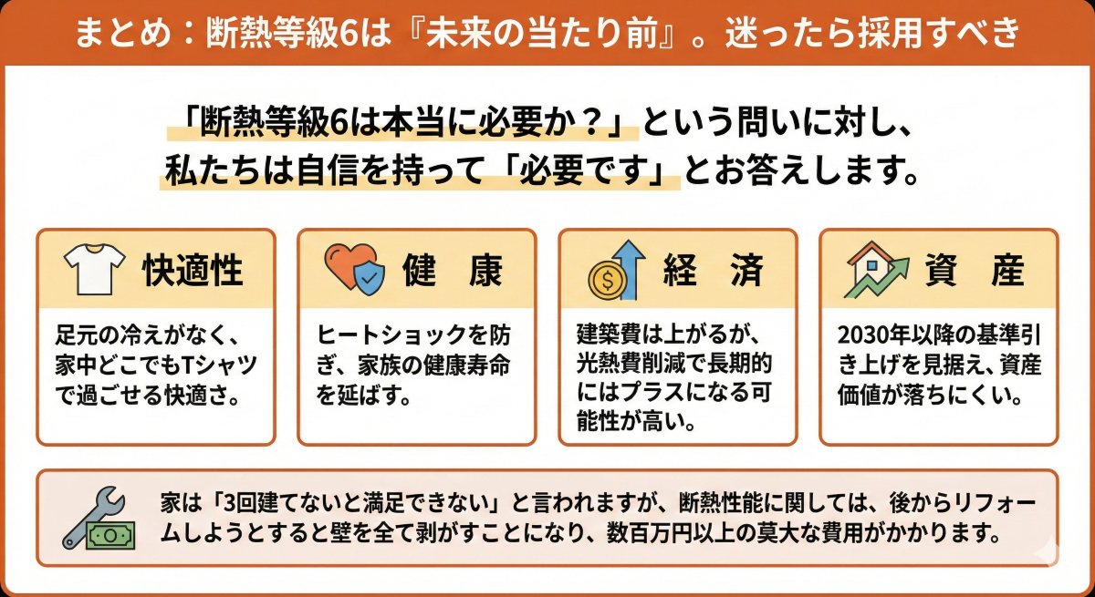 断熱等級6は「未来の当たり前」であり迷ったら採用すべきという結論のまとめ図。「快適性(家中Tシャツで過ごせる)」「健康(ヒートショックを防ぐ)」「経済(光熱費削減で長期的プラス)」「資産(2030年以降も価値が落ちにくい)」という4つのメリットを解説。後からの断熱リフォームは莫大な費用がかかるため新築時の検討が重要であると説いている。
