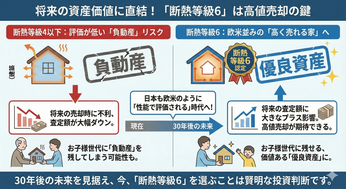 来のマイホームの資産価値と断熱性能の関係を説明するインフォグラフィック。タイトルは「将来の資産価値に直結!『断熱等級6』は高値売却の鍵」。 左半分は赤色を基調とし、「断熱等級4以下:評価が低い『負動産』リスク」と題されている。熱が外に逃げる家のイラストに「負動産」のスタンプが押され、将来の査定額が大幅にダウンするグラフや、子供世代に負担となる家を残してしまう様子が描かれている。 右半分は青色を基調とし、「断熱等級6:欧米並みの『高く売れる家』へ」と題されている。熱を逃がさない家のイラストに「断熱等級6認定」のバッジと「優良資産」のスタンプがあり、将来の査定額がアップするグラフや、子供世代に価値ある資産を残せる様子が描かれている。