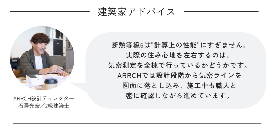 ARRCHの建築家からのアドバイス。「断熱等級6は"計算上の性能"にすぎません。実際の住み心地を左右するのは、気密測定を全棟で行っているかどうかです。ARRCHでは設計段階から気密ラインを図面に落とし込み、施工中も職人と密に確認しながら進めています」(ARRCH設計ディレクター・石澤光宏/2級建築士)