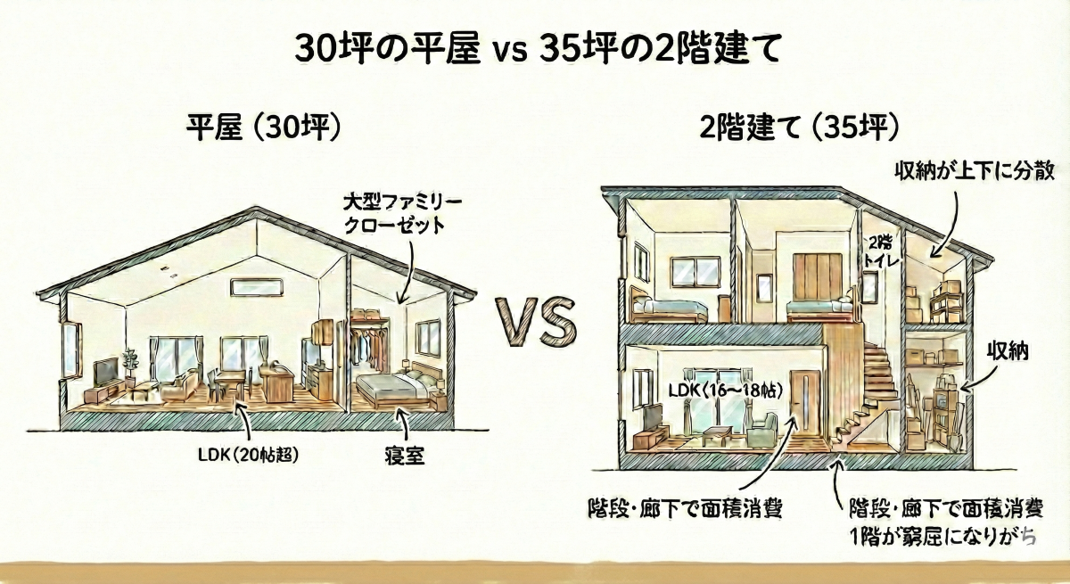 30坪平屋と35坪2階建ての間取り効率の差