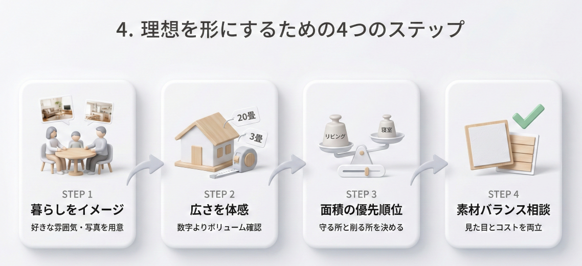 予算内で理想の家を叶える4つのステップを示した図解
